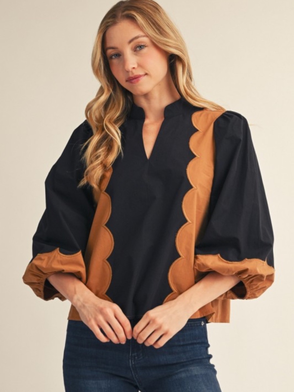 Black Blouse with Tan Scallop Trim - Women's Puff Sleeve Top